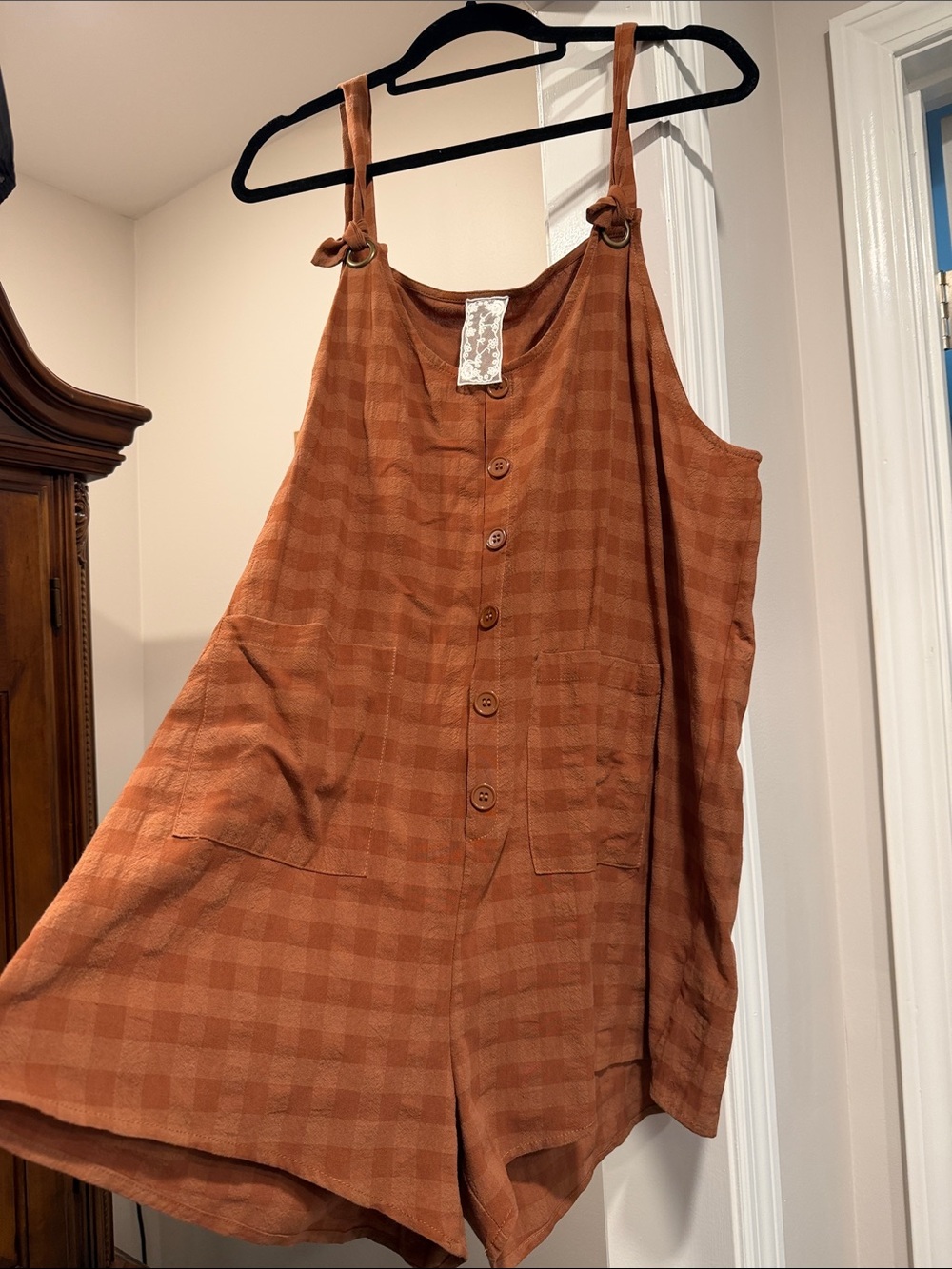 Sadie & Sage Rust Check Button-Front Romper - Picture 2 of 4